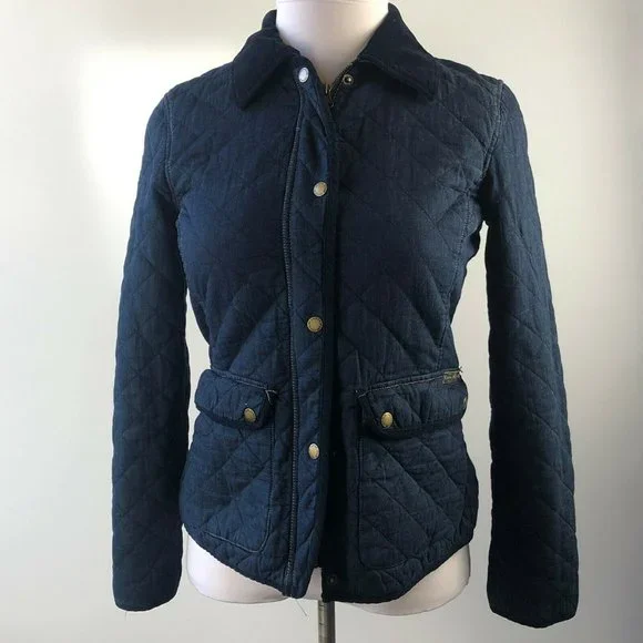 Lauren Ralph Lauren Quilted Denim Barn Jacket Corduroy Trim Collar Medium HW9832 - Picture 1 of 12